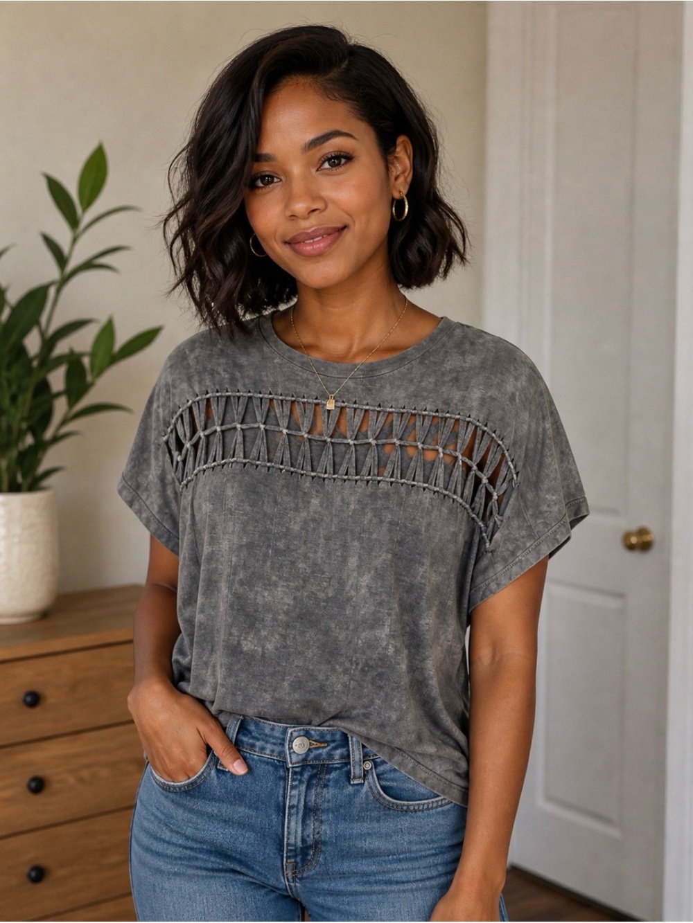 American Eagle Gray Tie Dye Short Sleeve Crochet-Trim Neckline Tee